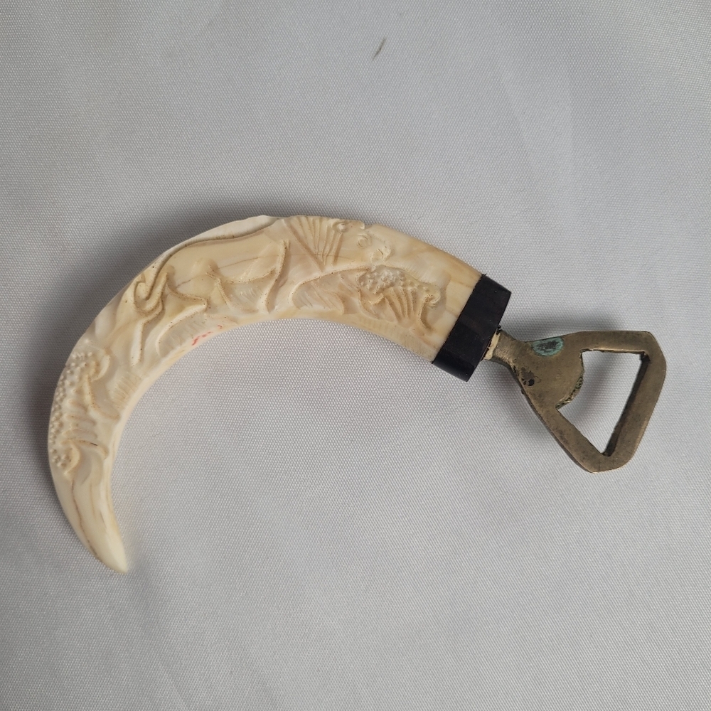 Vintage Hand Carved Warthog Tusk Brass Bottle Opener